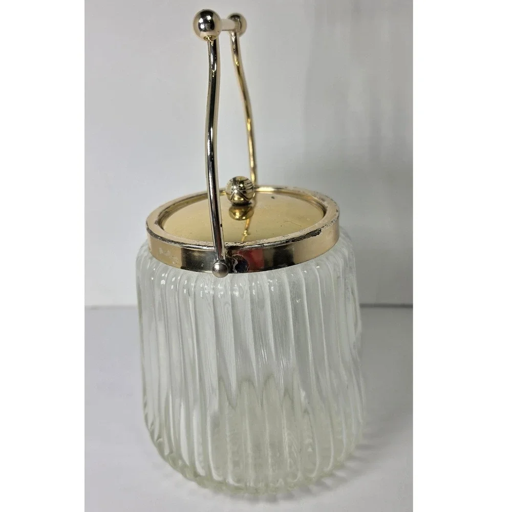Vintage Ribbed Glass Biscuit Jar Ice Bucket Gold Tone Lid Swing Handle MCM